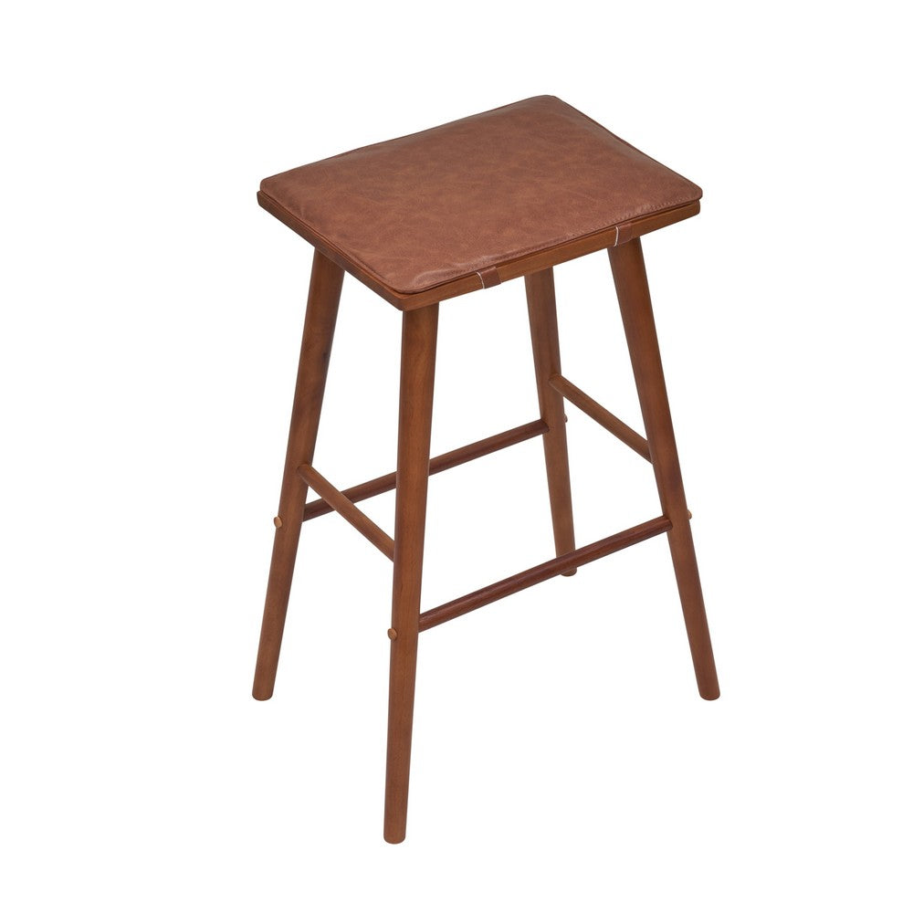 Skystag 26" MidCentury Classic Saddle-Seat Solid Wood/Vegan Leather Backless Counter Stool with Removeable Cushion