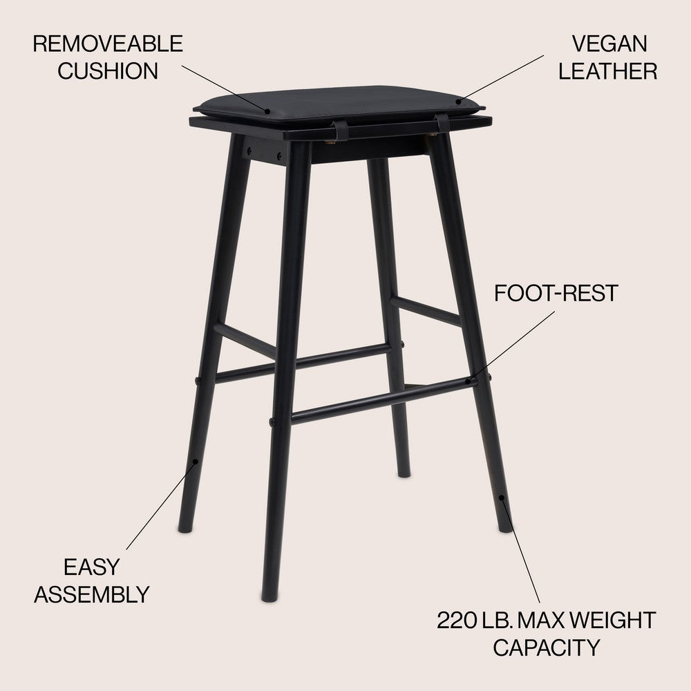 Skystag 26" MidCentury Classic Saddle-Seat Solid Wood/Vegan Leather Backless Counter Stool with Removeable Cushion