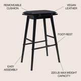 Skystag 26" MidCentury Classic Saddle-Seat Solid Wood/Vegan Leather Backless Counter Stool with Removeable Cushion
