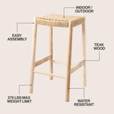 Elvora Coastal Casual Handcrafted Teak Wood Backless Indoor/Outdoor Bar Stool with Synthetic Woven Seat