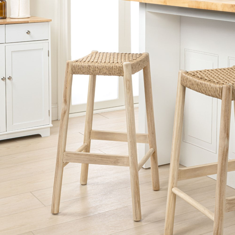 Elvora Coastal Casual Handcrafted Teak Wood Backless Indoor/Outdoor Bar Stool with Synthetic Woven Seat