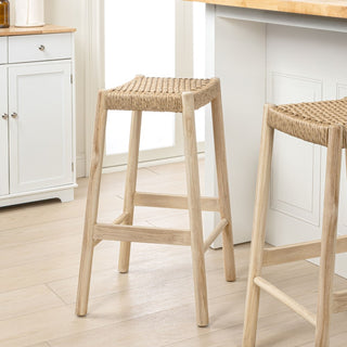 Elvora Coastal Casual Handcrafted Teak Wood Backless Indoor/Outdoor Bar Stool with Synthetic Woven Seat