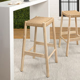 Elvora 29.5" Coastal Casual Handcrafted Teak Wood Backless Indoor/Outdoor Bar Stool with Synthetic Woven Seat