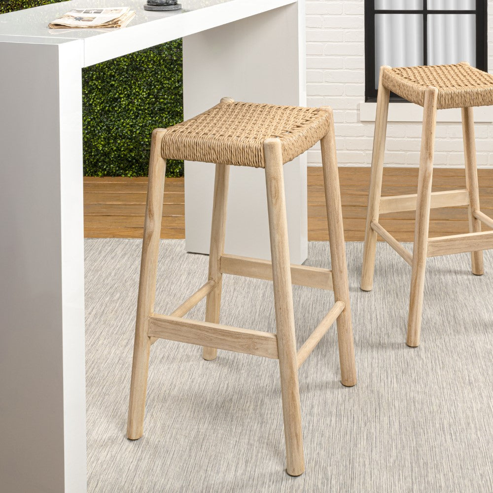 Elvora Coastal Casual Handcrafted Teak Wood Backless Indoor/Outdoor Bar Stool with Synthetic Woven Seat