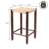 Caldor Coastal Casual Handcrafted Teak Wood Backless Indoor/Outdoor Counter Stool with Synthetic Woven Seat