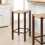 Nivaro 29.5" Casual Bohemian Handcrafted Teak Wood Backless Indoor/Outdoor Bar Stool with Synthetic Woven Rattan Seat