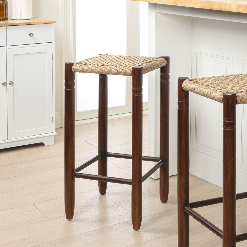 Caldor Coastal Casual Handcrafted Teak Wood Backless Indoor/Outdoor Counter Stool with Synthetic Woven Seat