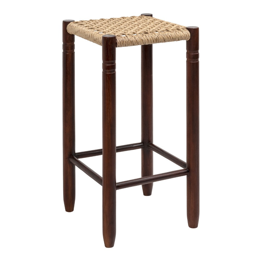 Nivaro 29.5" Casual Bohemian Handcrafted Teak Wood Backless Indoor/Outdoor Bar Stool with Synthetic Woven Rattan Seat