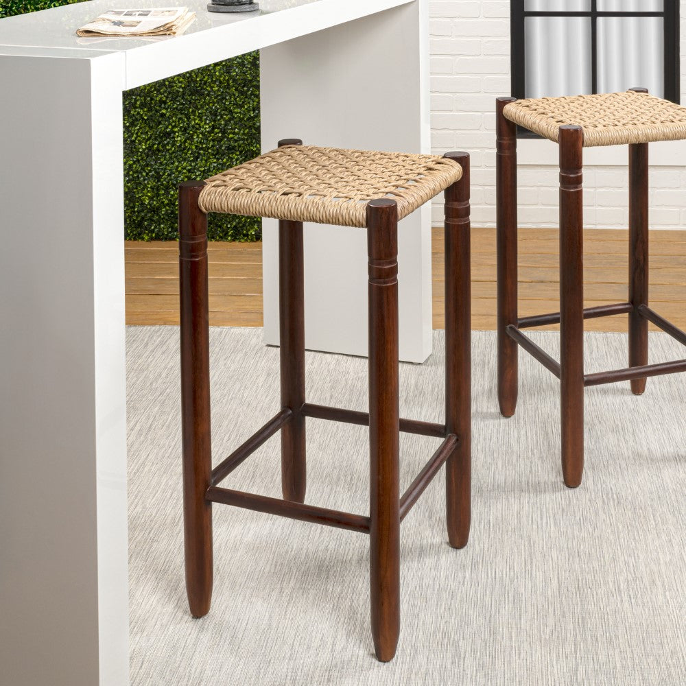 Caldor Coastal Casual Handcrafted Teak Wood Backless Indoor/Outdoor Counter Stool with Synthetic Woven Seat