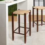 Caldor Coastal Casual Handcrafted Teak Wood Backless Indoor/Outdoor Counter Stool with Synthetic Woven Seat