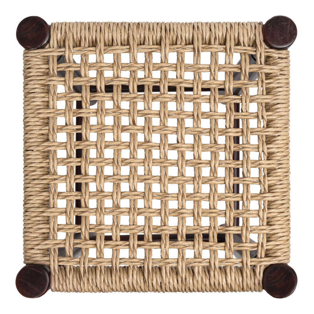 Caldor Coastal Casual Handcrafted Teak Wood Backless Indoor/Outdoor Counter Stool with Synthetic Woven Seat