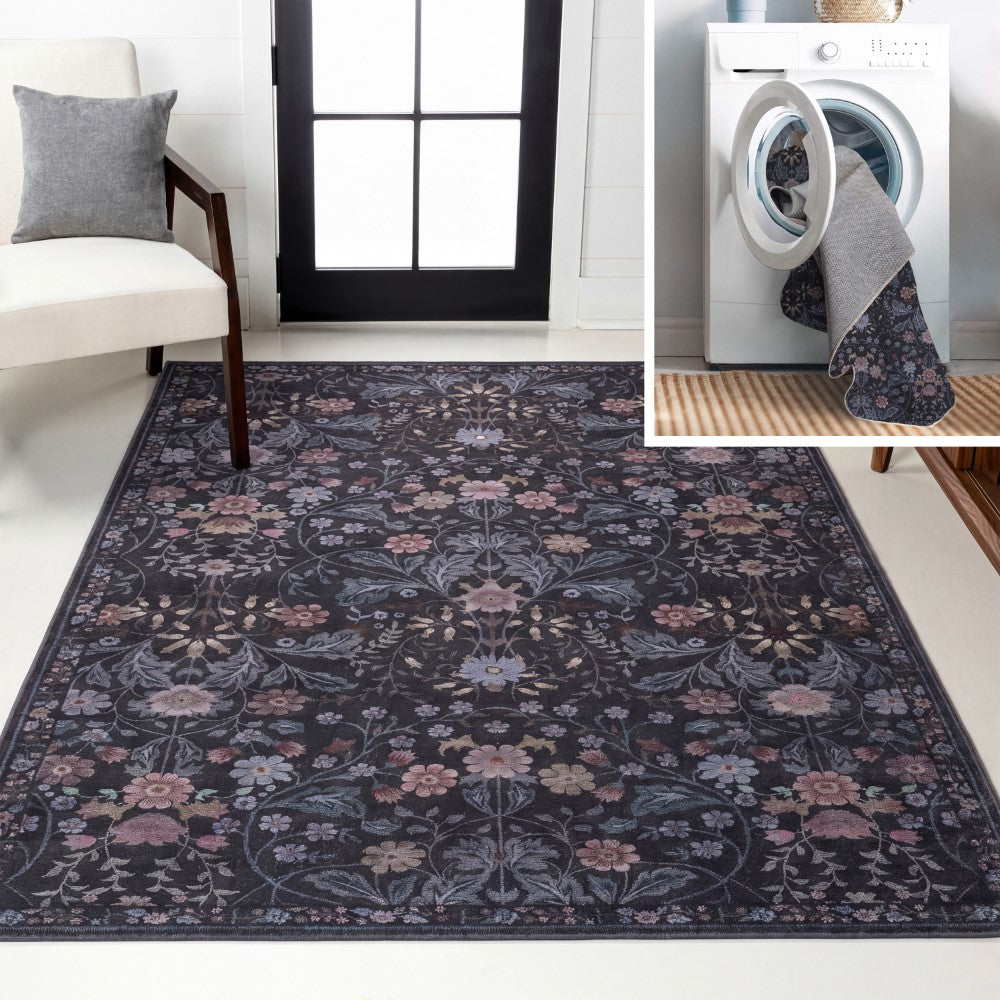 Norvyn Art Nouveau Floral Border Machine-washable Area Rug
