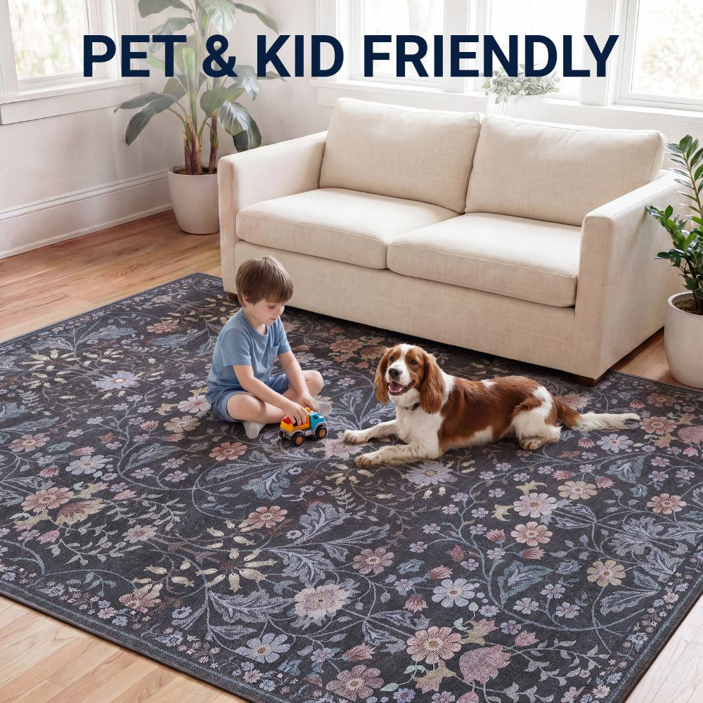 Norvyn Art Nouveau Floral Border Machine-washable Area Rug