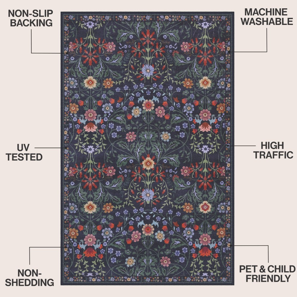 Norvyn Art Nouveau Floral Border Machine-washable Area Rug