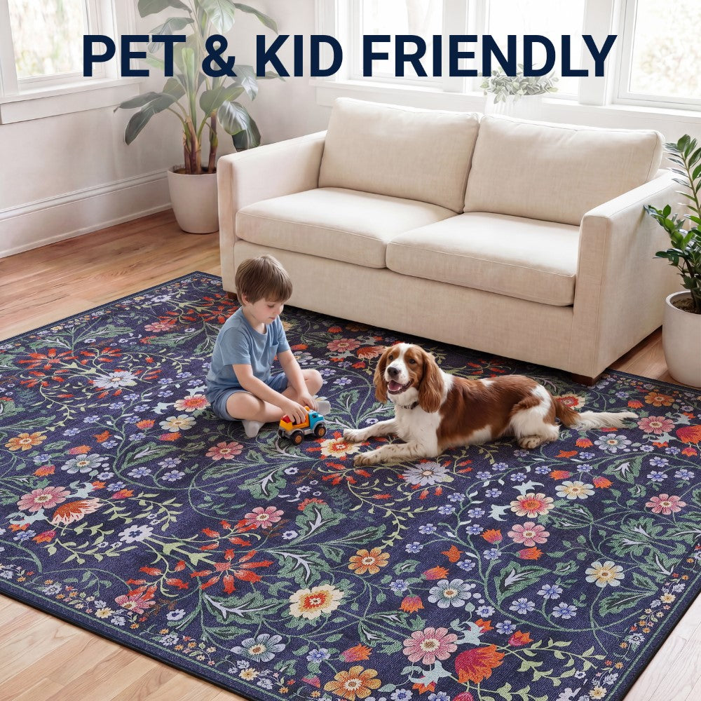 Norvyn Art Nouveau Floral Border Machine-washable Area Rug