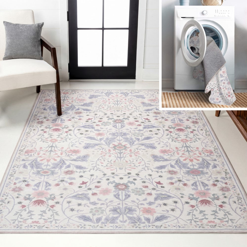 Norvyn Art Nouveau Floral Border Machine-washable Area Rug