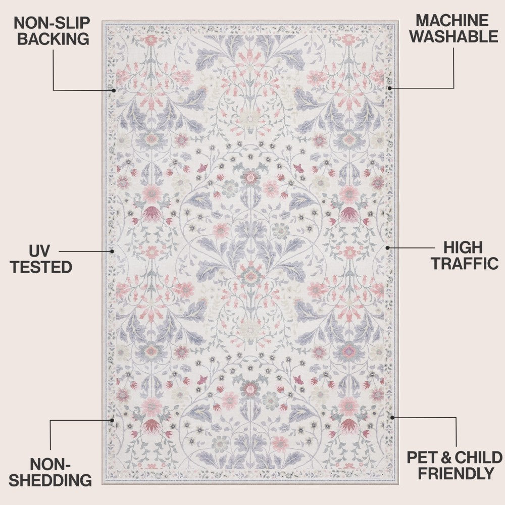 Norvyn Art Nouveau Floral Border Machine-washable Area Rug
