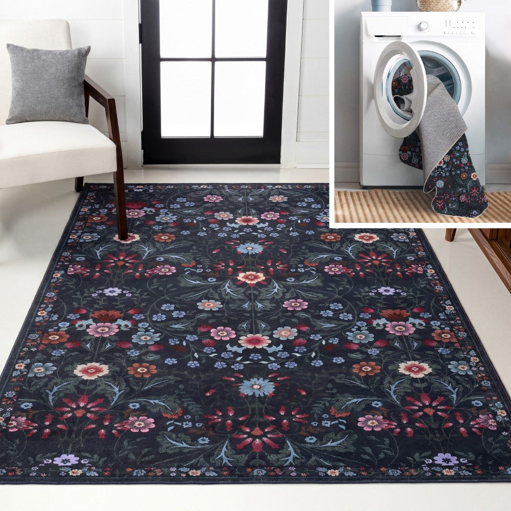 Norvyn Art Nouveau Floral Border Machine-washable Area Rug