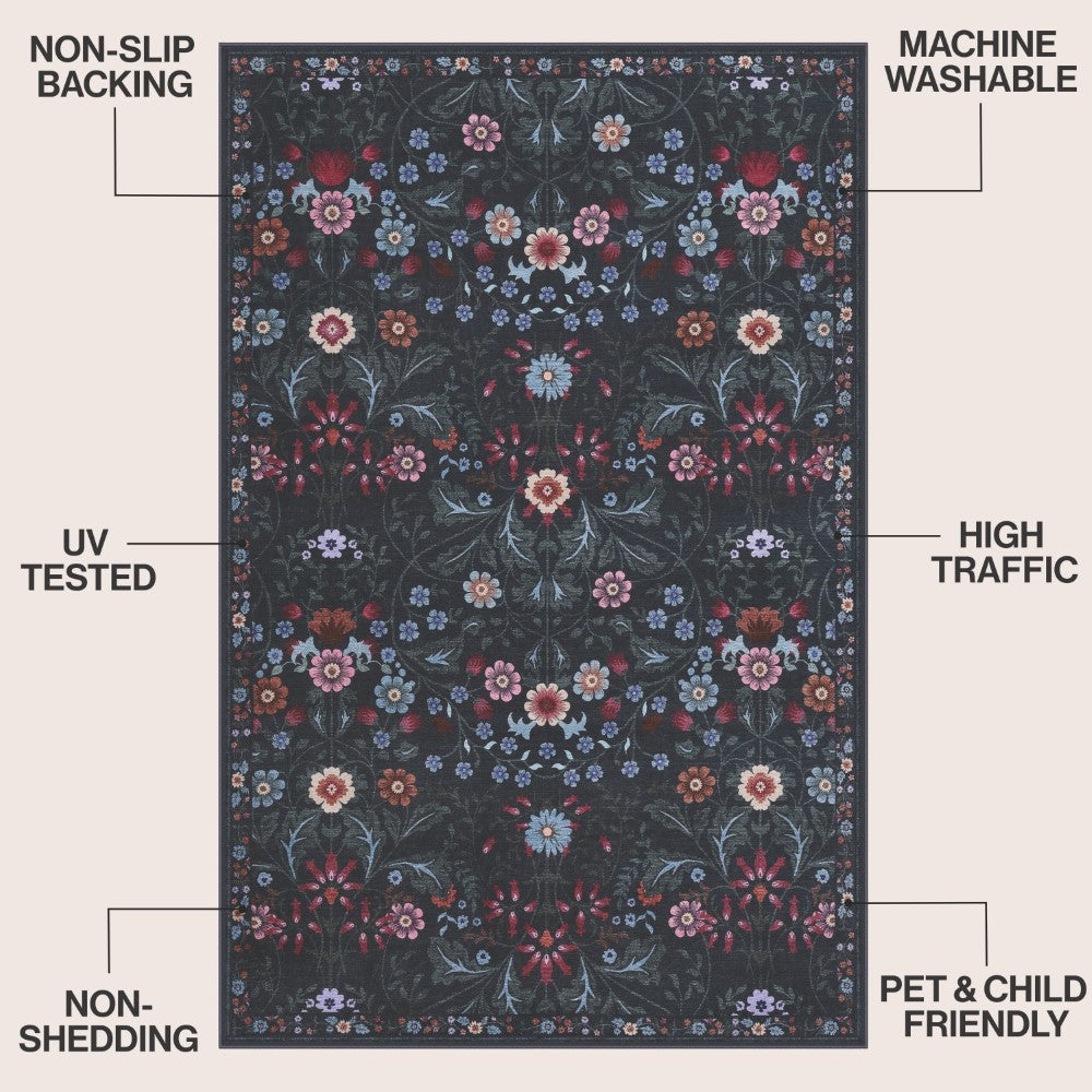 Norvyn Art Nouveau Floral Border Machine-washable Area Rug