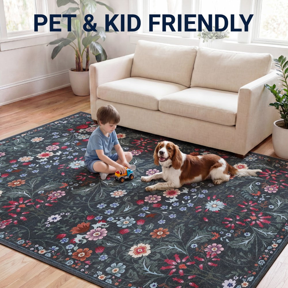 Norvyn Art Nouveau Floral Border Machine-washable Area Rug