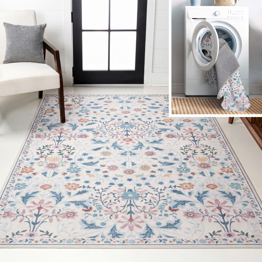 Norvyn Art Nouveau Floral Border Machine-washable Area Rug