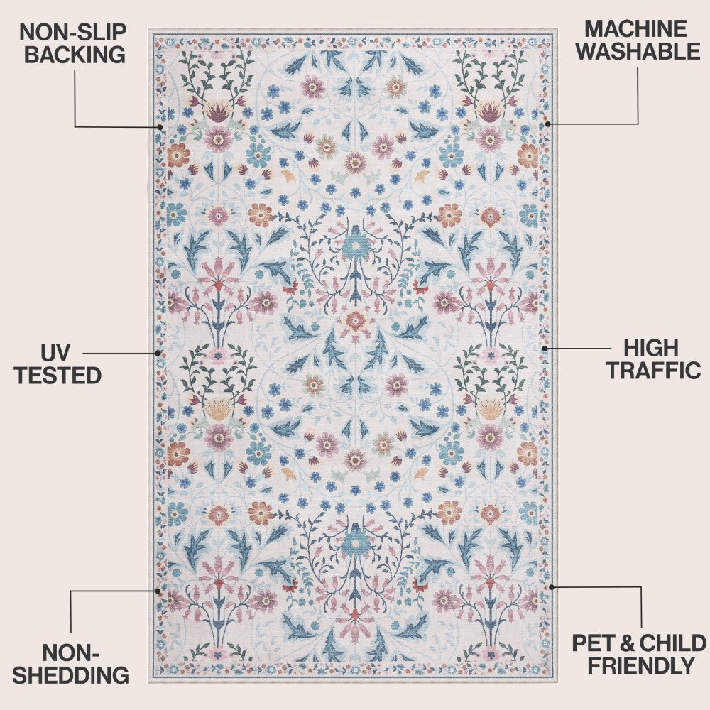 Norvyn Art Nouveau Floral Border Machine-washable Area Rug