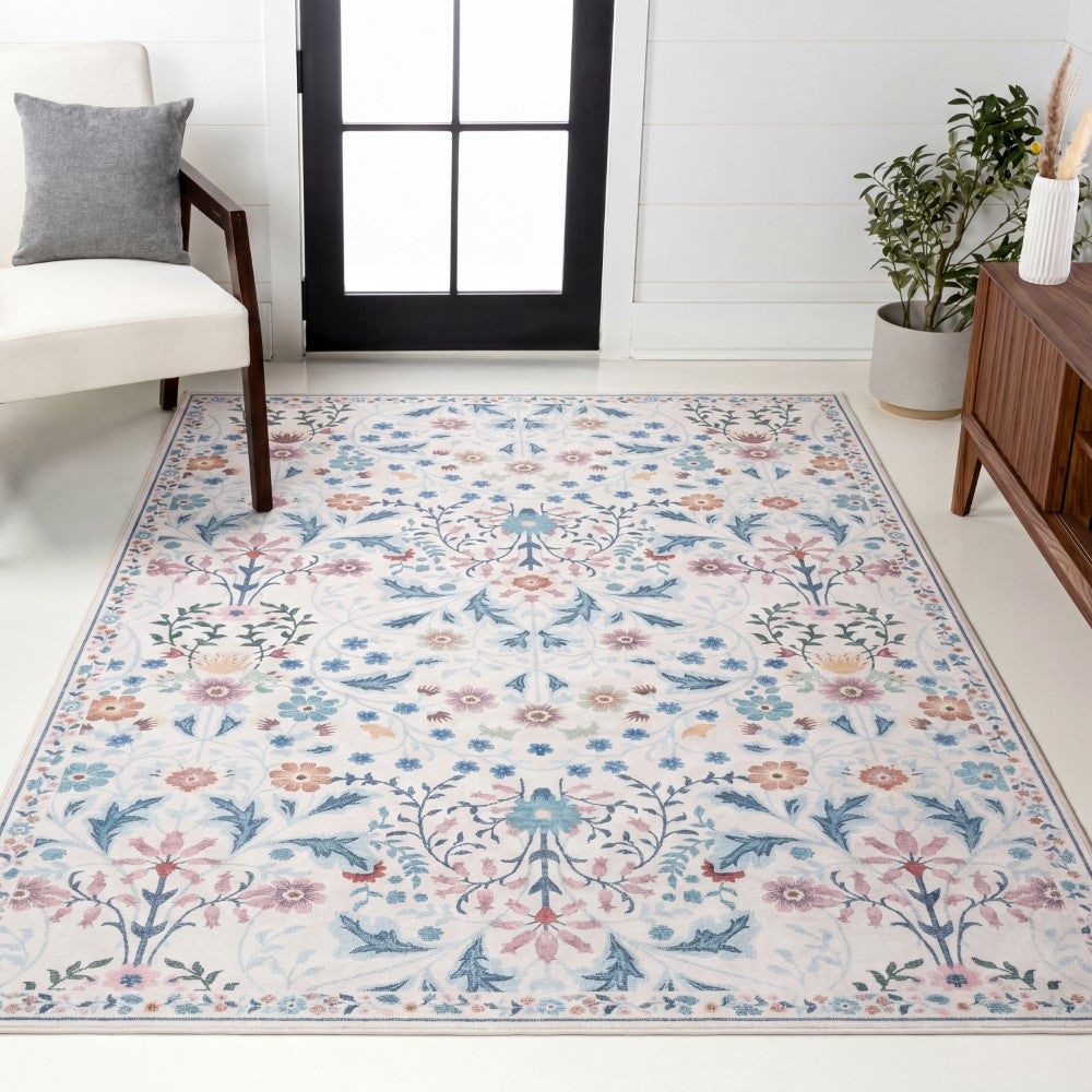 Norvyn Art Nouveau Floral Border Machine-washable Area Rug