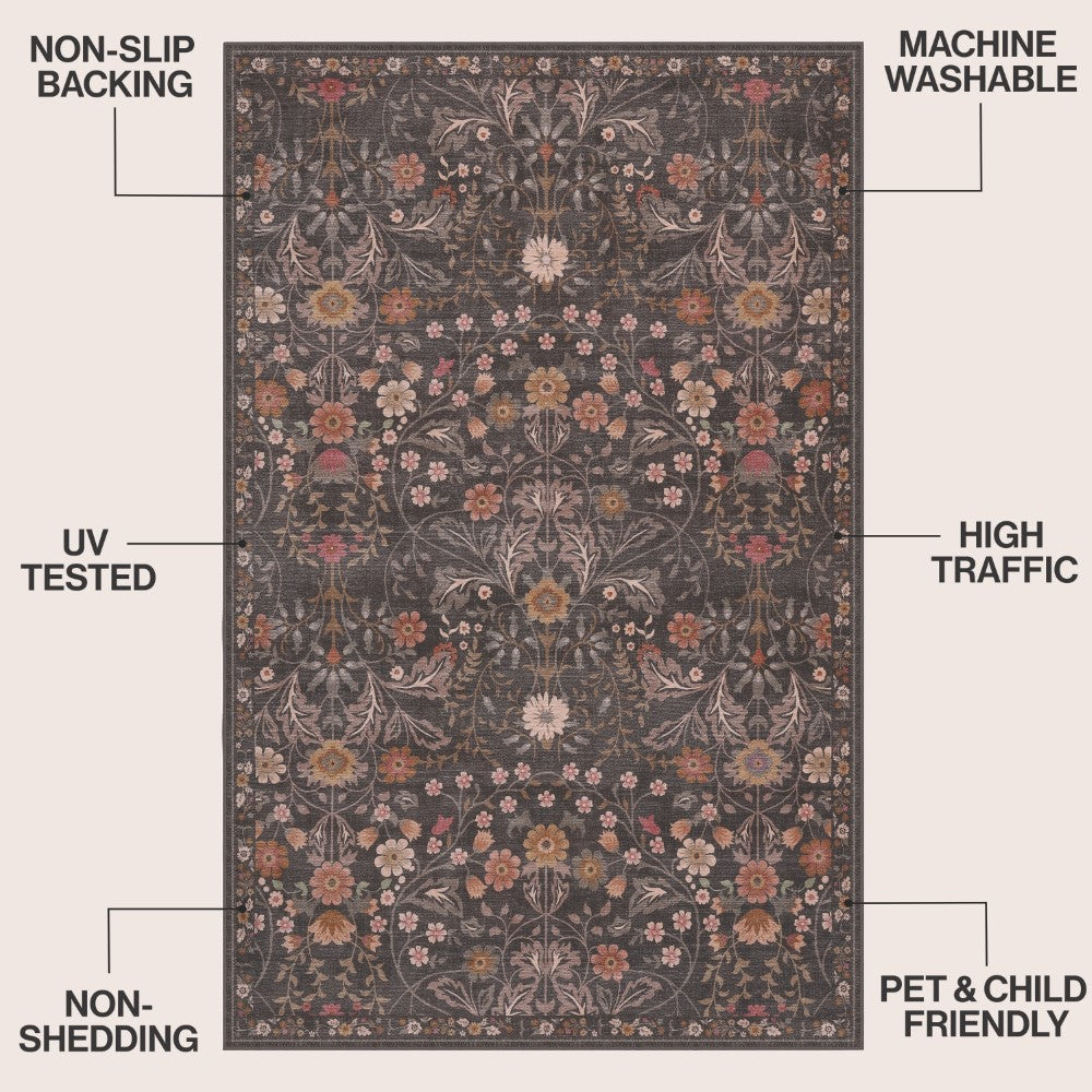 Norvyn Art Nouveau Floral Border Machine-washable Area Rug