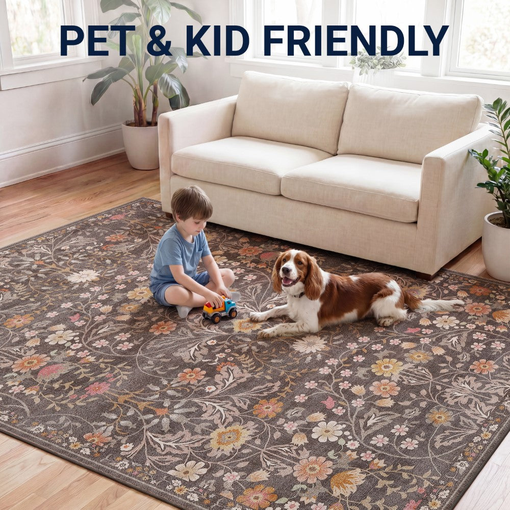Norvyn Art Nouveau Floral Border Machine-washable Area Rug