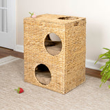 Sanware 18" Modern Classic 2-Tier Handwoven Hyacinth Rectangular 5-Hole Cat Condo with 2 Machine-Washable Cushions