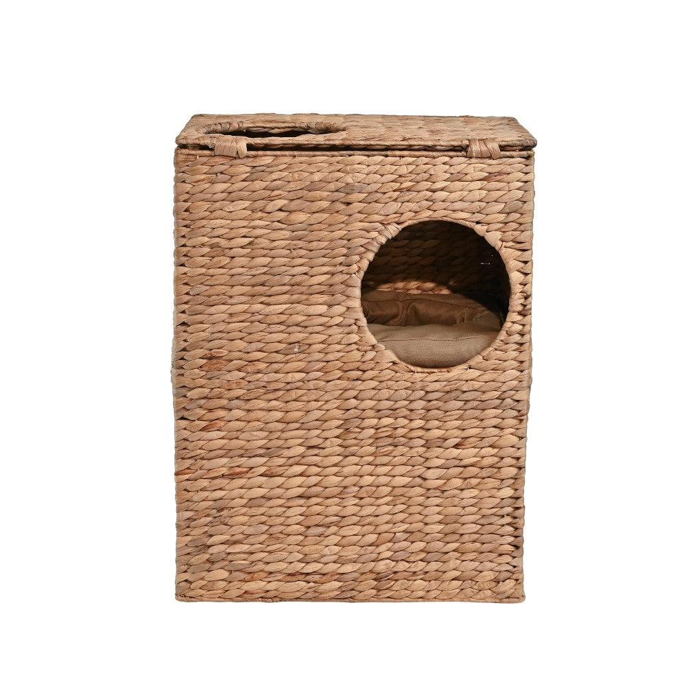 Sanware 18" Modern Classic 2-Tier Handwoven Hyacinth Rectangular 5-Hole Cat Condo with 2 Machine-Washable Cushions