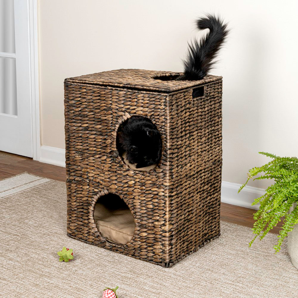 Sanware 18" Modern Classic 2-Tier Handwoven Hyacinth Rectangular 5-Hole Cat Condo with 2 Machine-Washable Cushions