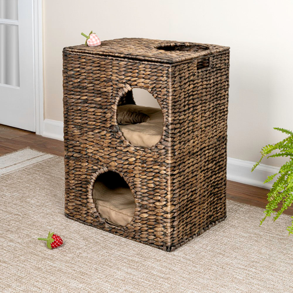 Sanware 18" Modern Classic 2-Tier Handwoven Hyacinth Rectangular 5-Hole Cat Condo with 2 Machine-Washable Cushions