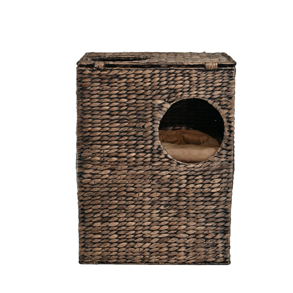 Sanware 18" Modern Classic 2-Tier Handwoven Hyacinth Rectangular 5-Hole Cat Condo with 2 Machine-Washable Cushions