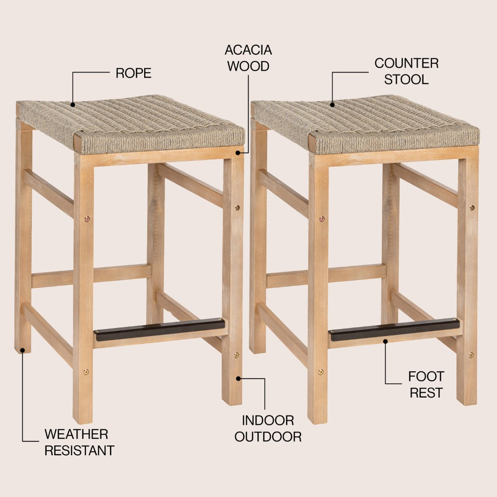 Mosslyn 25.6" Modern Coastal Backless Acacia Wood Outdoor Counter Stool with Woven Rope Seat Set 2