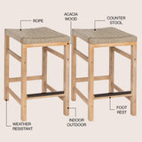 Mosslyn 25.6" Modern Coastal Backless Acacia Wood Outdoor Counter Stool with Woven Rope Seat Set 2