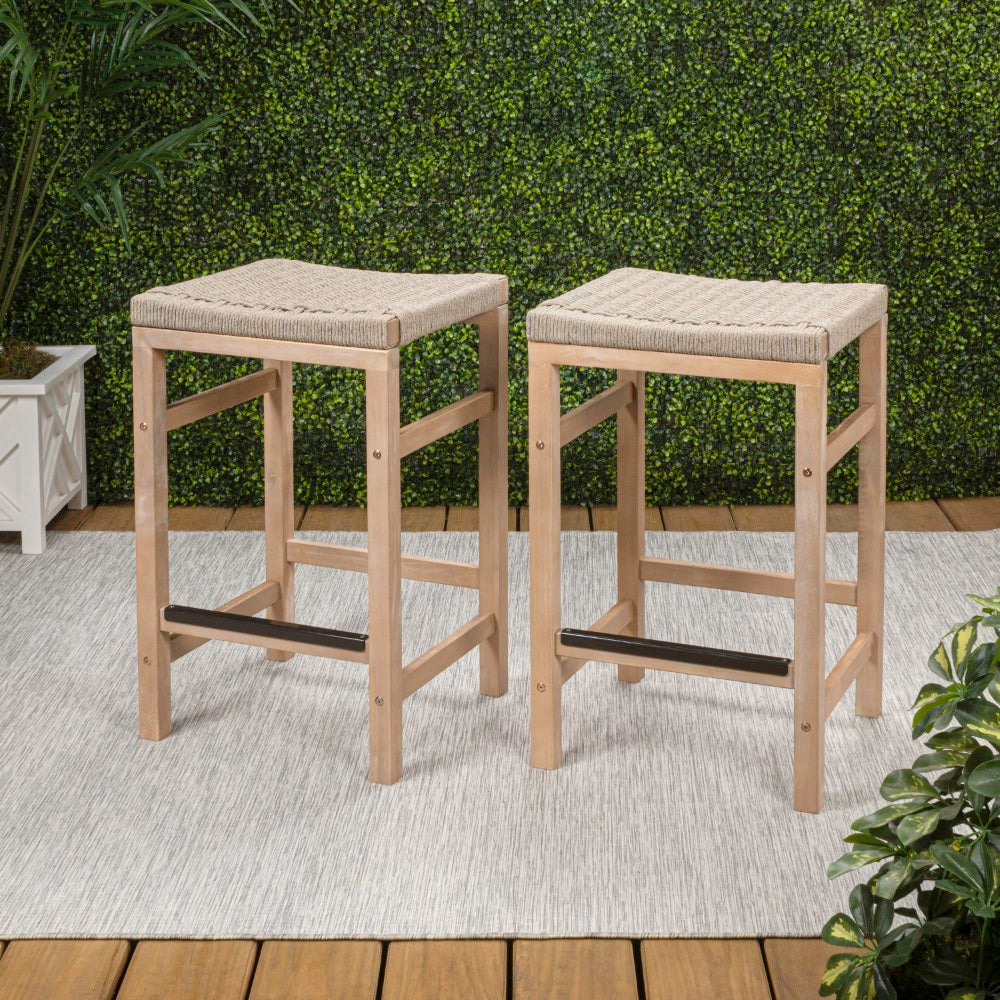 Mosslyn 25.6" Modern Coastal Backless Acacia Wood Outdoor Counter Stool with Woven Rope Seat Set 2