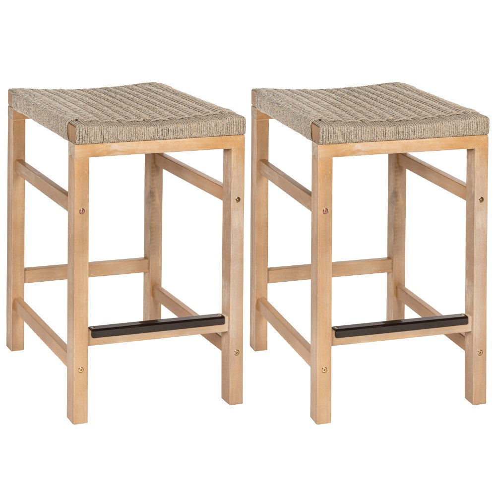 Mosslyn 25.6" Modern Coastal Backless Acacia Wood Outdoor Counter Stool with Woven Rope Seat Set 2
