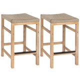 Mosslyn 25.6" Modern Coastal Backless Acacia Wood Outdoor Counter Stool with Woven Rope Seat Set 2