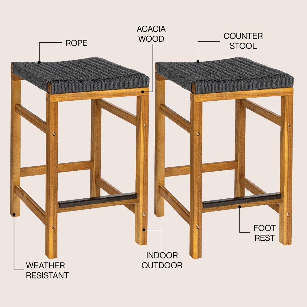 Mosslyn 25.6" Modern Coastal Backless Acacia Wood Outdoor Counter Stool with Woven Rope Seat Set 2