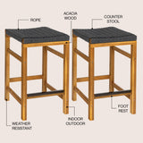 Mosslyn 25.6" Modern Coastal Backless Acacia Wood Outdoor Counter Stool with Woven Rope Seat Set 2