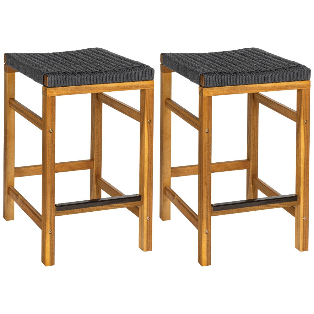 Mosslyn 25.6" Modern Coastal Backless Acacia Wood Outdoor Counter Stool with Woven Rope Seat Set 2