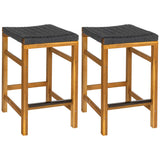 Mosslyn 25.6" Modern Coastal Backless Acacia Wood Outdoor Counter Stool with Woven Rope Seat Set 2