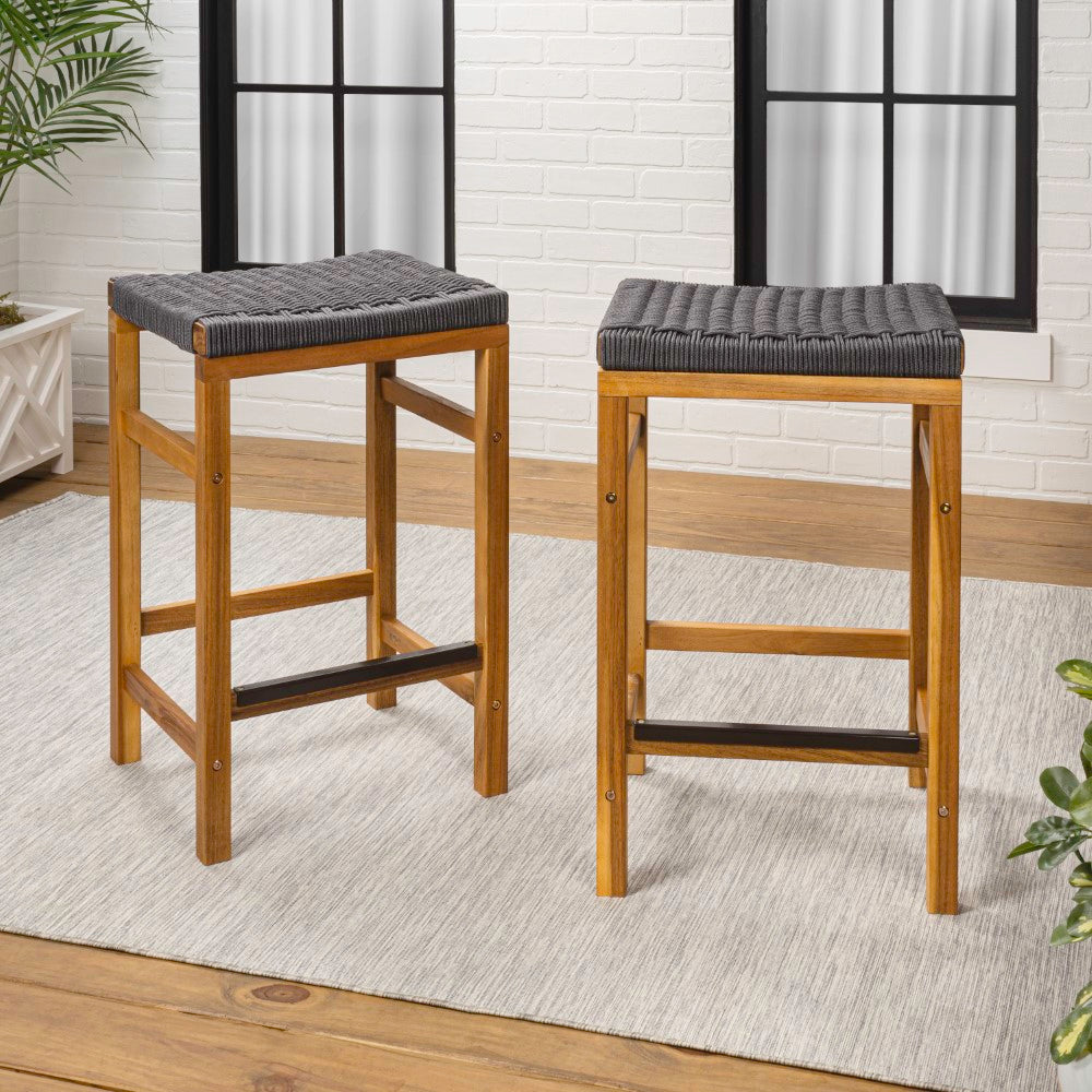 Mosslyn 25.6" Modern Coastal Backless Acacia Wood Outdoor Counter Stool with Woven Rope Seat Set 2