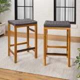 Mosslyn 25.6" Modern Coastal Backless Acacia Wood Outdoor Counter Stool with Woven Rope Seat Set 2