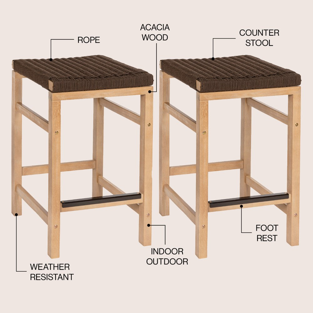 Mosslyn 25.6" Modern Coastal Backless Acacia Wood Outdoor Counter Stool with Woven Rope Seat Set 2