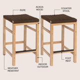 Mosslyn 25.6" Modern Coastal Backless Acacia Wood Outdoor Counter Stool with Woven Rope Seat Set 2