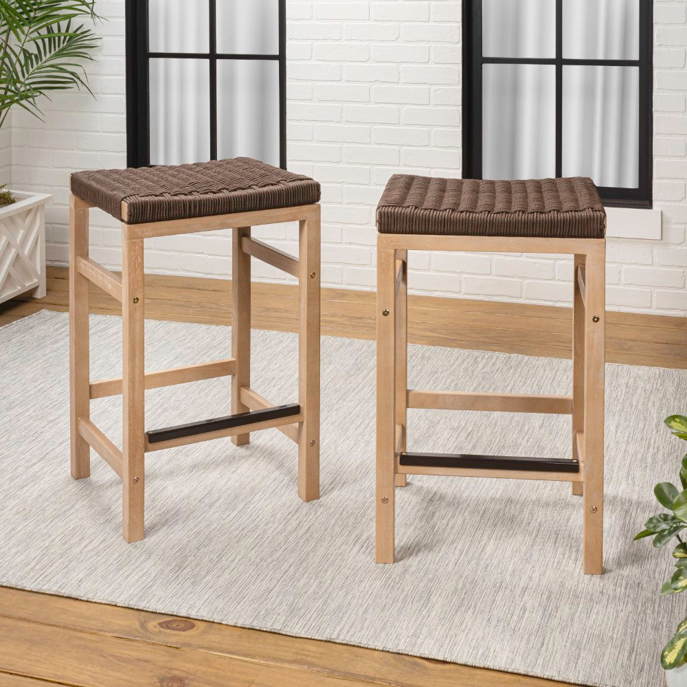 Mosslyn 25.6" Modern Coastal Backless Acacia Wood Outdoor Counter Stool with Woven Rope Seat Set 2