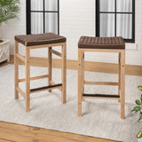 Mosslyn 25.6" Modern Coastal Backless Acacia Wood Outdoor Counter Stool with Woven Rope Seat Set 2