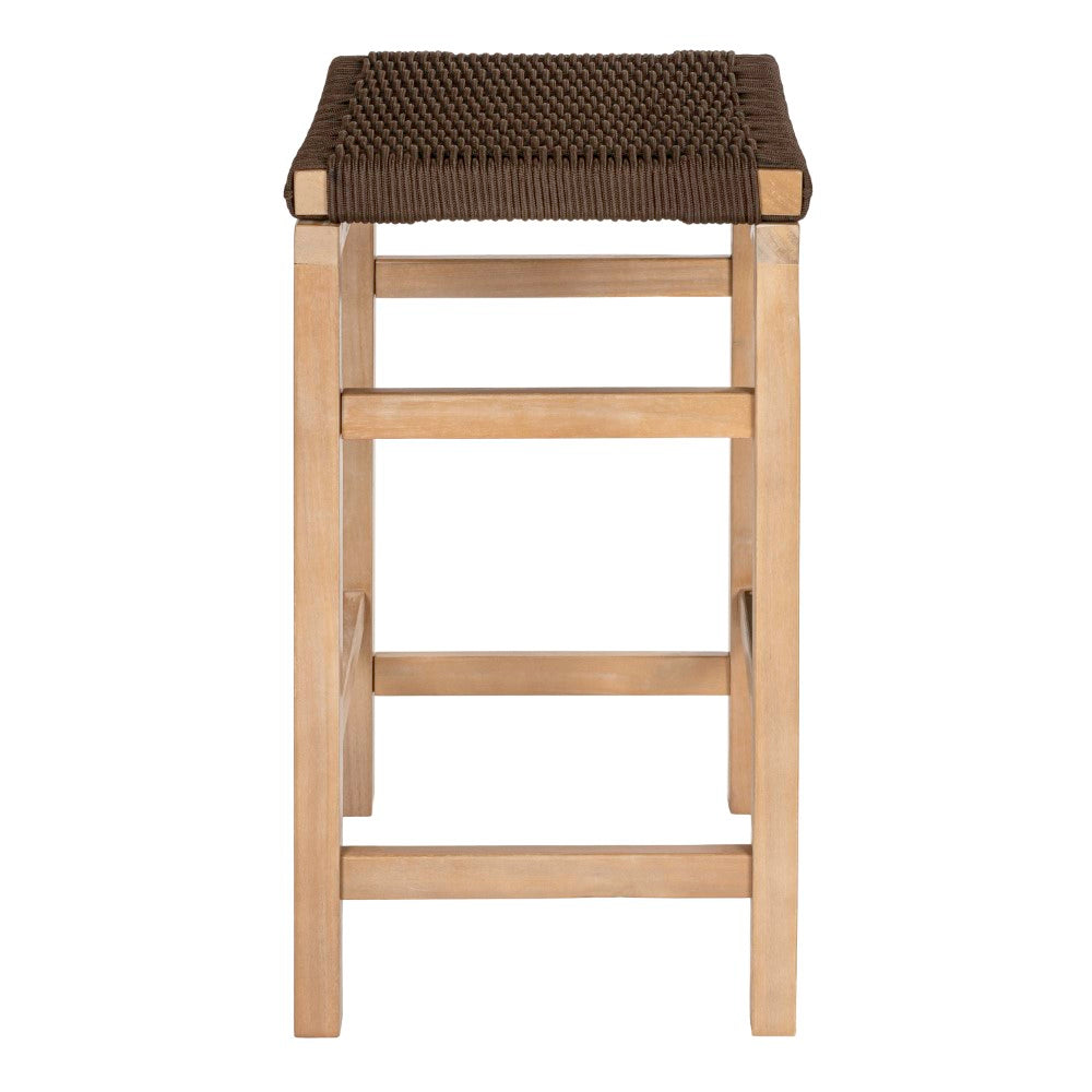 Mosslyn 25.6" Modern Coastal Backless Acacia Wood Outdoor Counter Stool with Woven Rope Seat Set 2